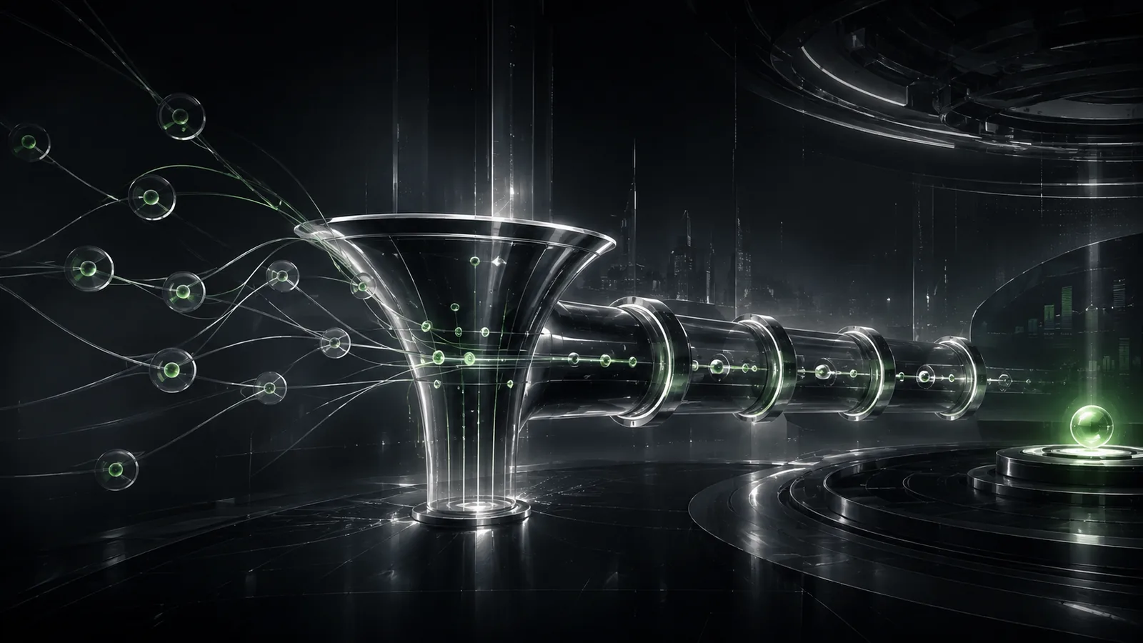 Vórtice de dados neon representando fluxo de pipeline e conversão