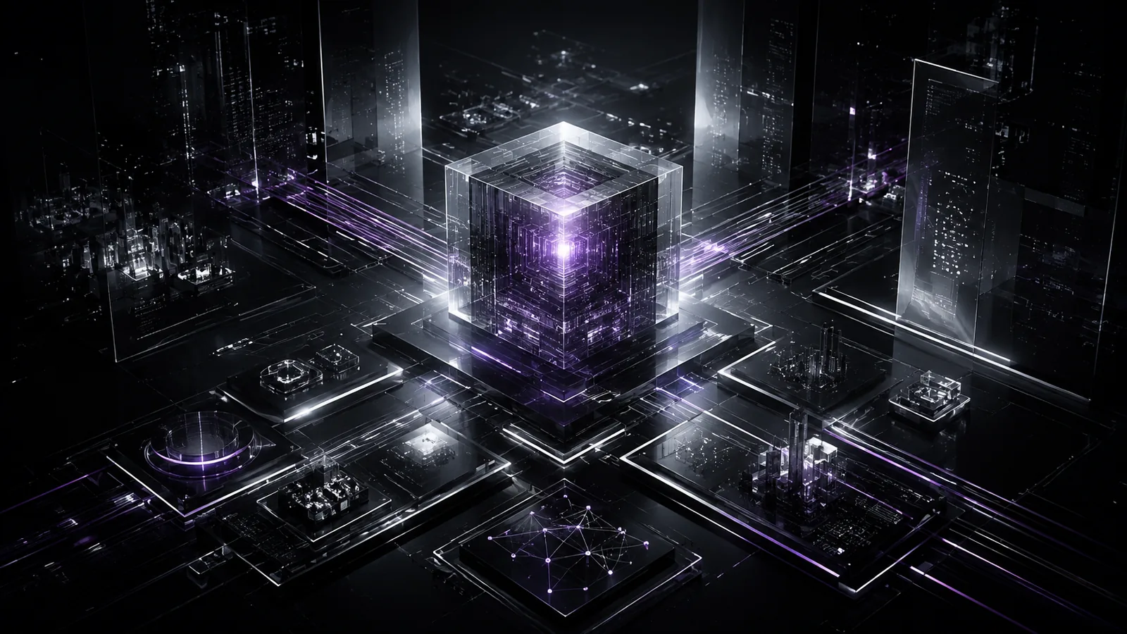 Núcleo cúbico luminoso de uma cidade cibernética, símbolo de infraestrutura digital
