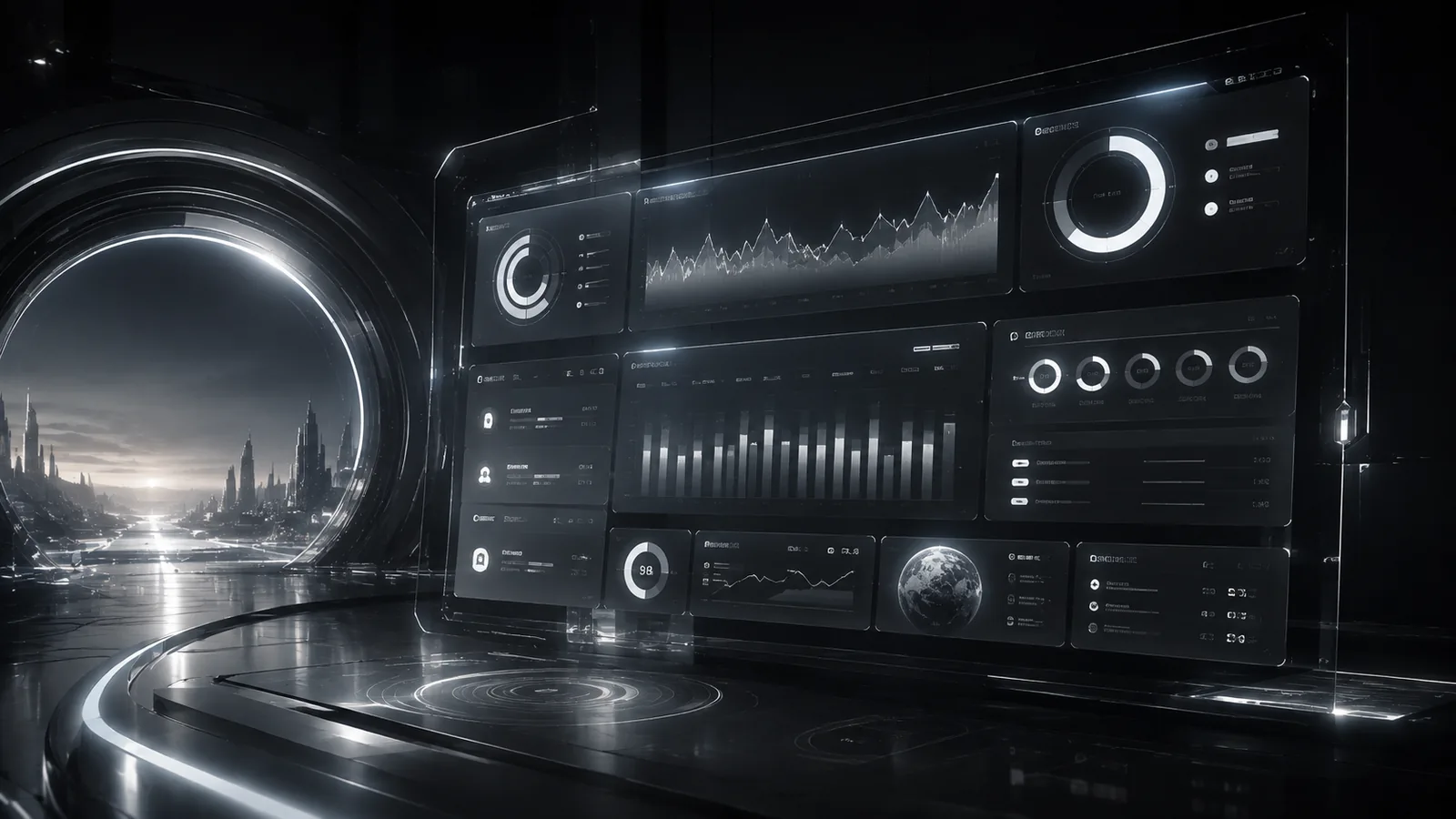 Painel holográfico de planejamento sobre uma cidade futurista